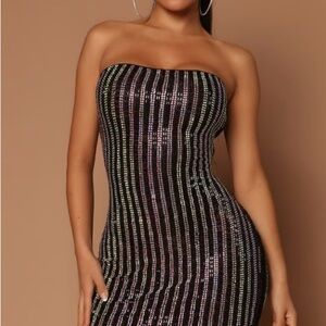 Fashion Nova Lux Black Strapless Dress with Black Beads and Rhinestones